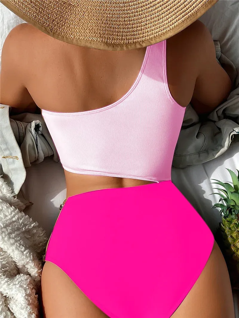 One Shoulder Cut Out Zipper Swimwear