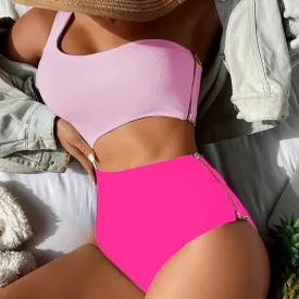 One Shoulder Cut Out Zipper Swimwear