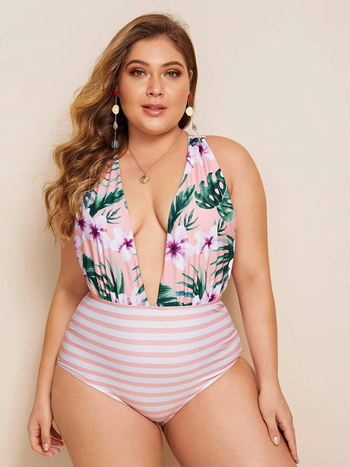 Queen Plus Collection Floral & Striped Criss Cross One Piece Swimwear