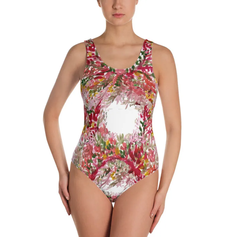 Red Floral Women's Swimwear, One-Piece Floral Print Luxury Swimsuit- Made in USA/EU