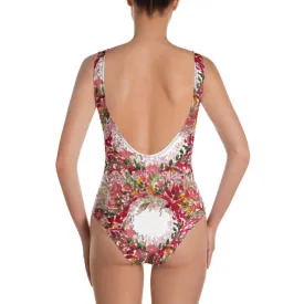 Red Floral Women's Swimwear, One-Piece Floral Print Luxury Swimsuit- Made in USA/EU