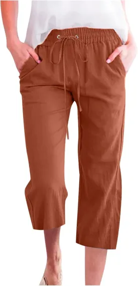 RKSTN Summer Capri Pants for Women Casual Cotton Linen Pants Straight Leg Vacation Beach Crop Pant with Pockets