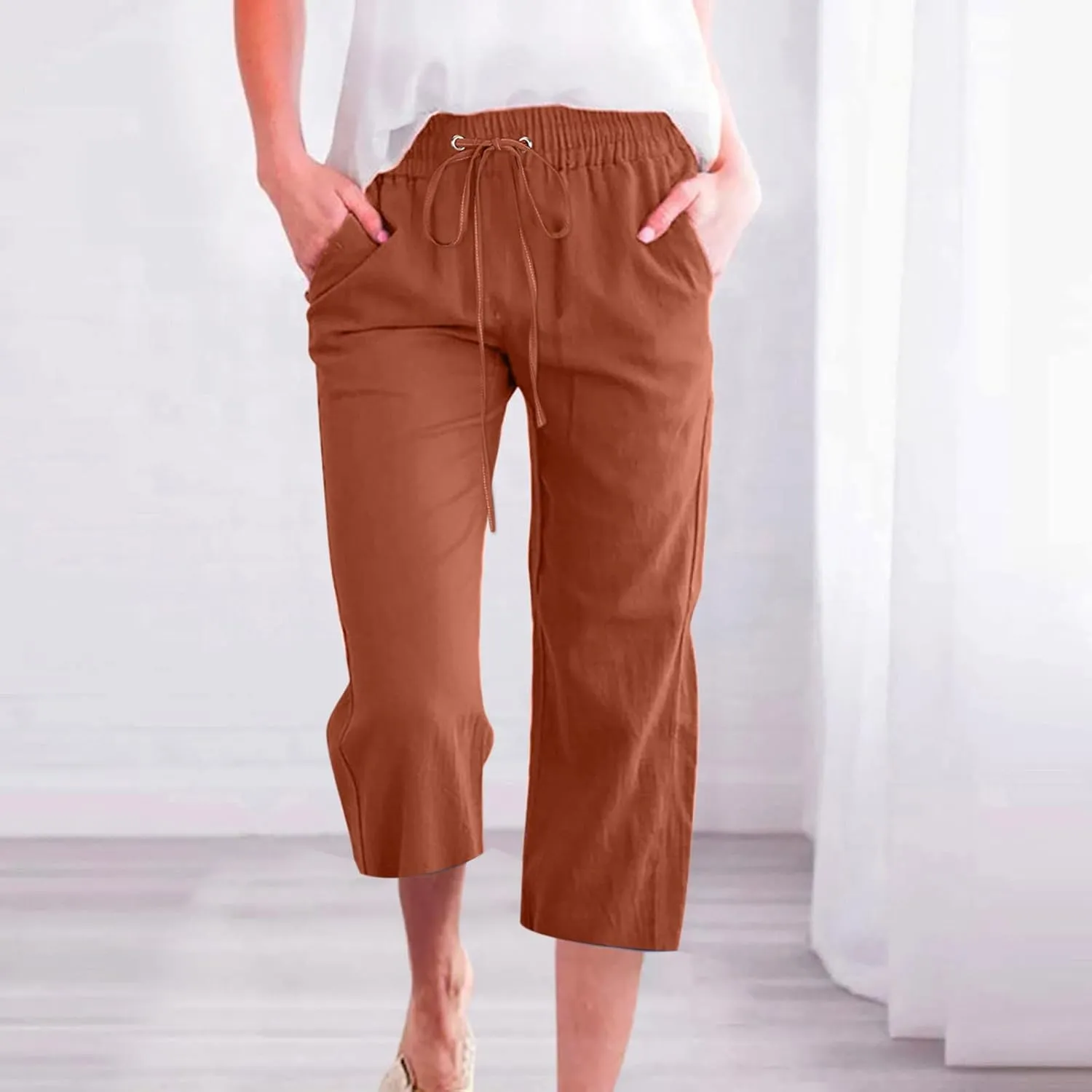 RKSTN Summer Capri Pants for Women Casual Cotton Linen Pants Straight Leg Vacation Beach Crop Pant with Pockets