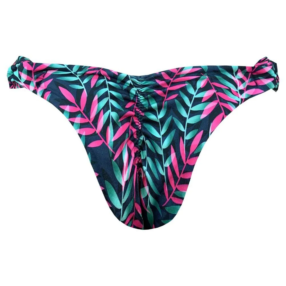 Royal Blue Neon Leaves Brazilian Classic Side Scrunch Bikini Bottom