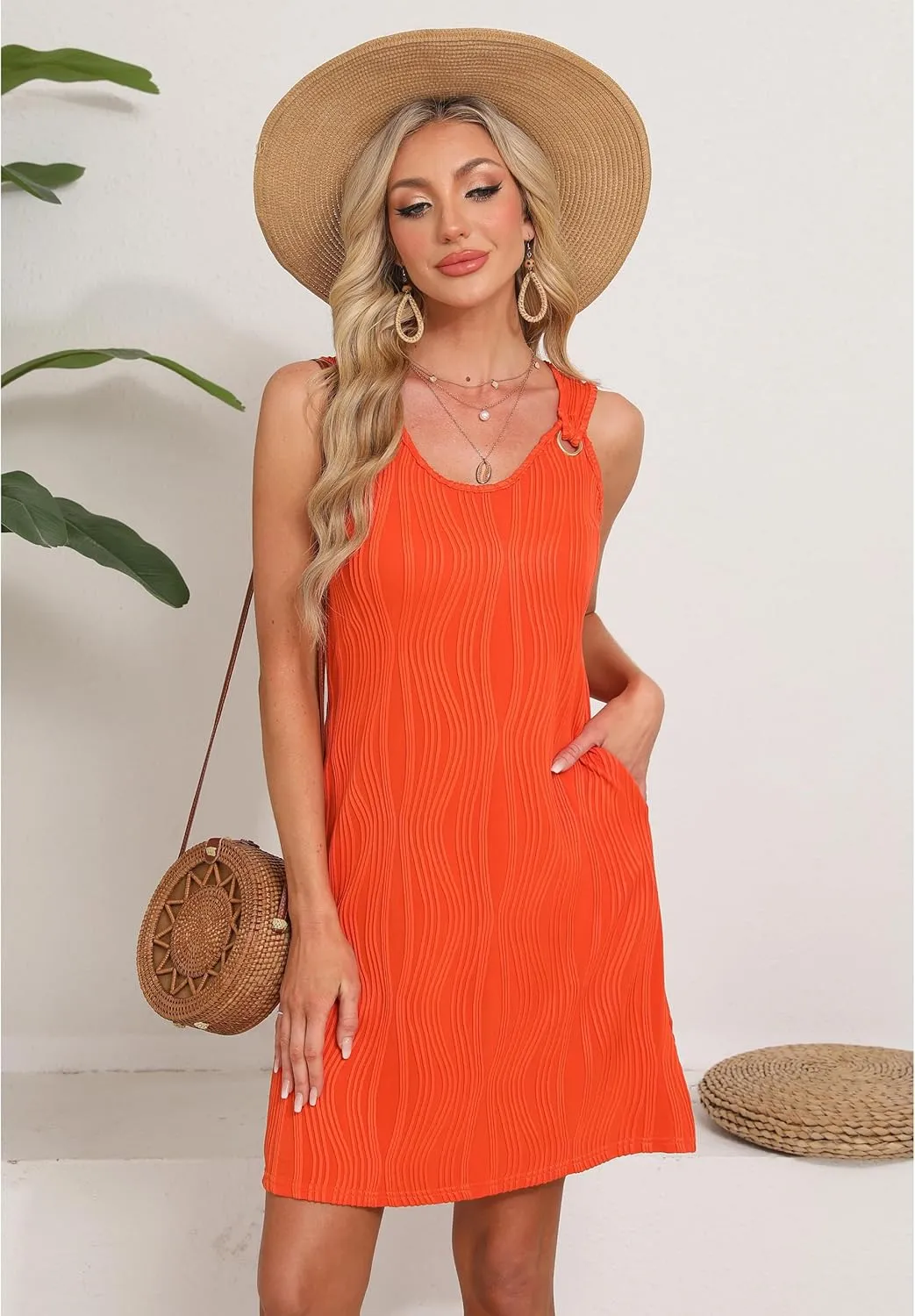 Sherosa Casual Summer Sleeveless V Neck Sundress Loose Beach Swimsuit Cover Up Floral Mini Dress with Pockets（S-XXL）
