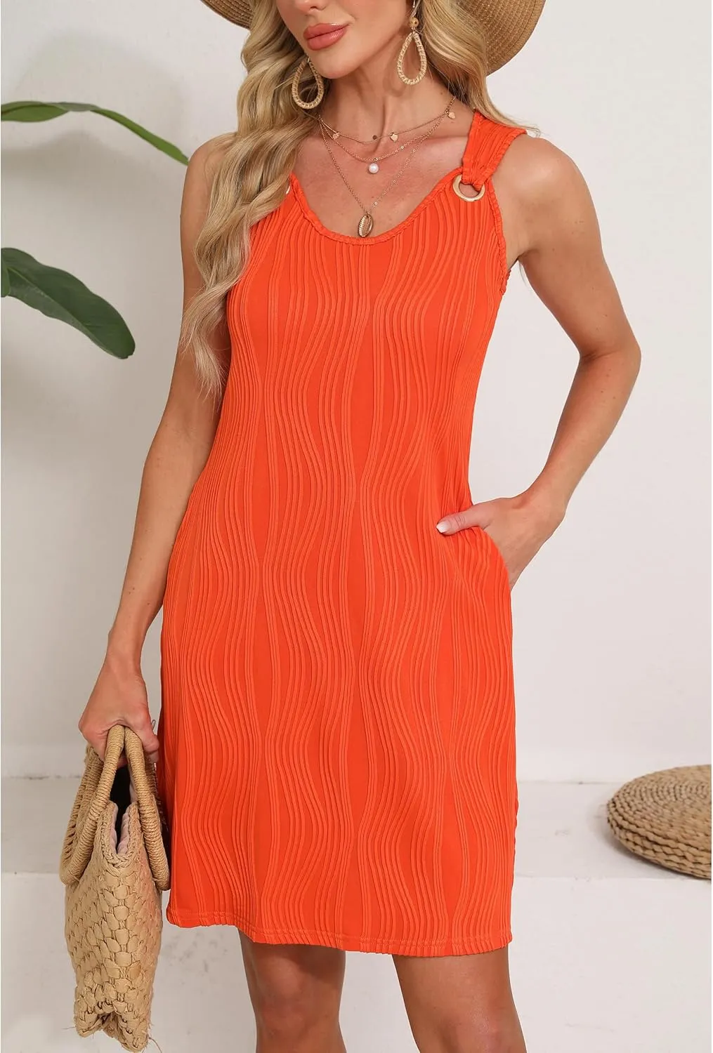 Sherosa Casual Summer Sleeveless V Neck Sundress Loose Beach Swimsuit Cover Up Floral Mini Dress with Pockets（S-XXL）