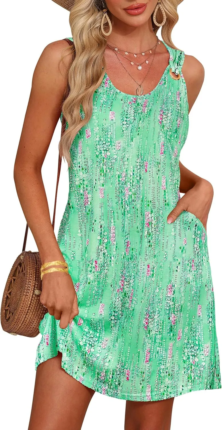 Sherosa Casual Summer Sleeveless V Neck Sundress Loose Beach Swimsuit Cover Up Floral Mini Dress with Pockets（S-XXL）