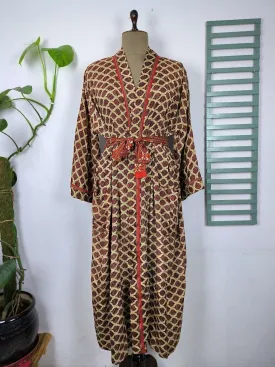 Upcycle Boho Chic Coverup Recycle Silk Sari Kimono Gorgeous Wardrobe Vintage Elegance House Robe | Duster Cardigan | Beige Orange Motifs