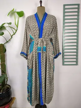 Upcycle Boho Chic Coverup Recycle Silk Sari Kimono Gorgeous Wardrobe Vintage Elegance House Robe | Duster Cardigan | Blue Hues Geometric