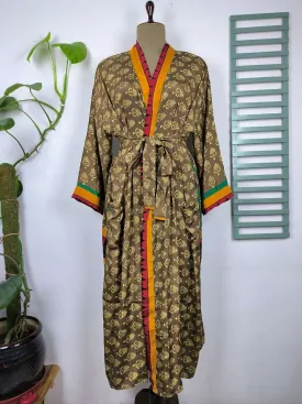 Upcycle Boho Chic Coverup Recycle Silk Sari Kimono Gorgeous Wardrobe Vintage Elegance House Robe | Duster Cardigan | Brown Beige Motifs