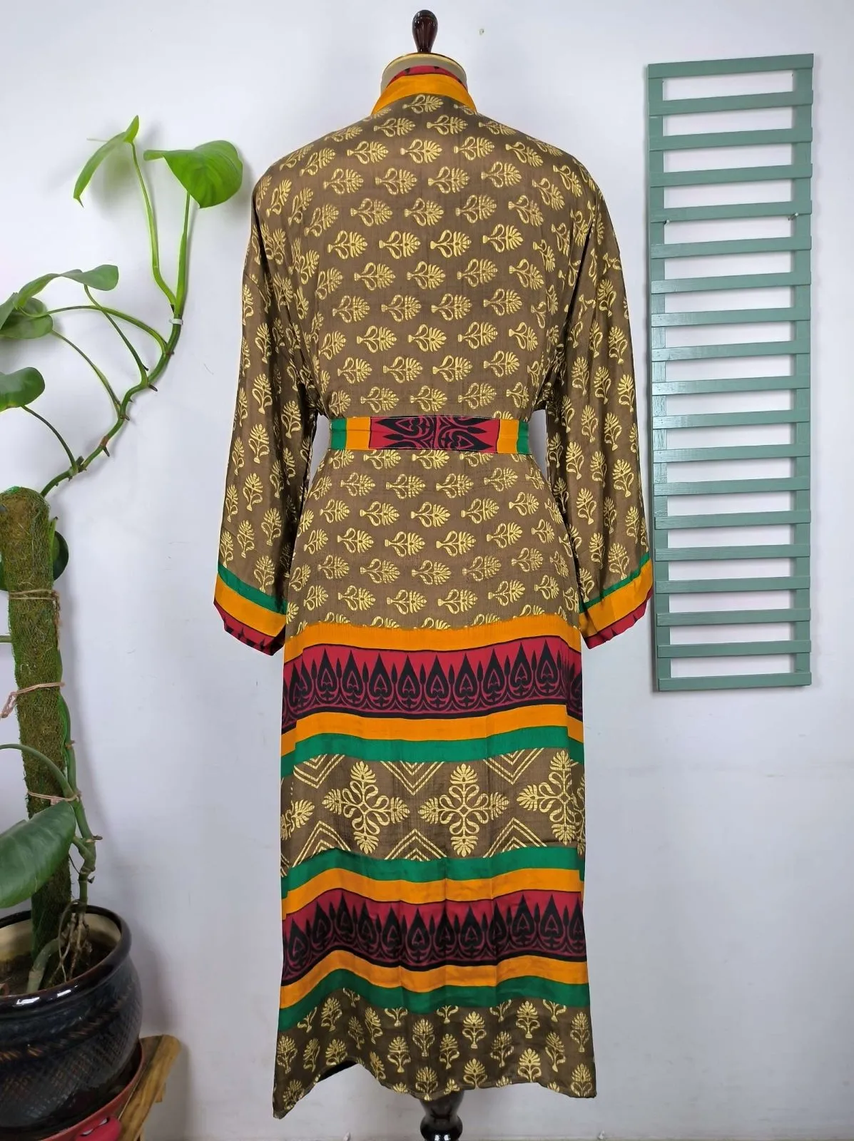 Upcycle Boho Chic Coverup Recycle Silk Sari Kimono Gorgeous Wardrobe Vintage Elegance House Robe | Duster Cardigan | Brown Beige Motifs