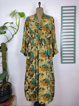 Upcycle Boho Chic Coverup Recycle Silk Sari Kimono Gorgeous Wardrobe Vintage Elegance House Robe | Duster Cardigan Yellow Black Hues Floral
