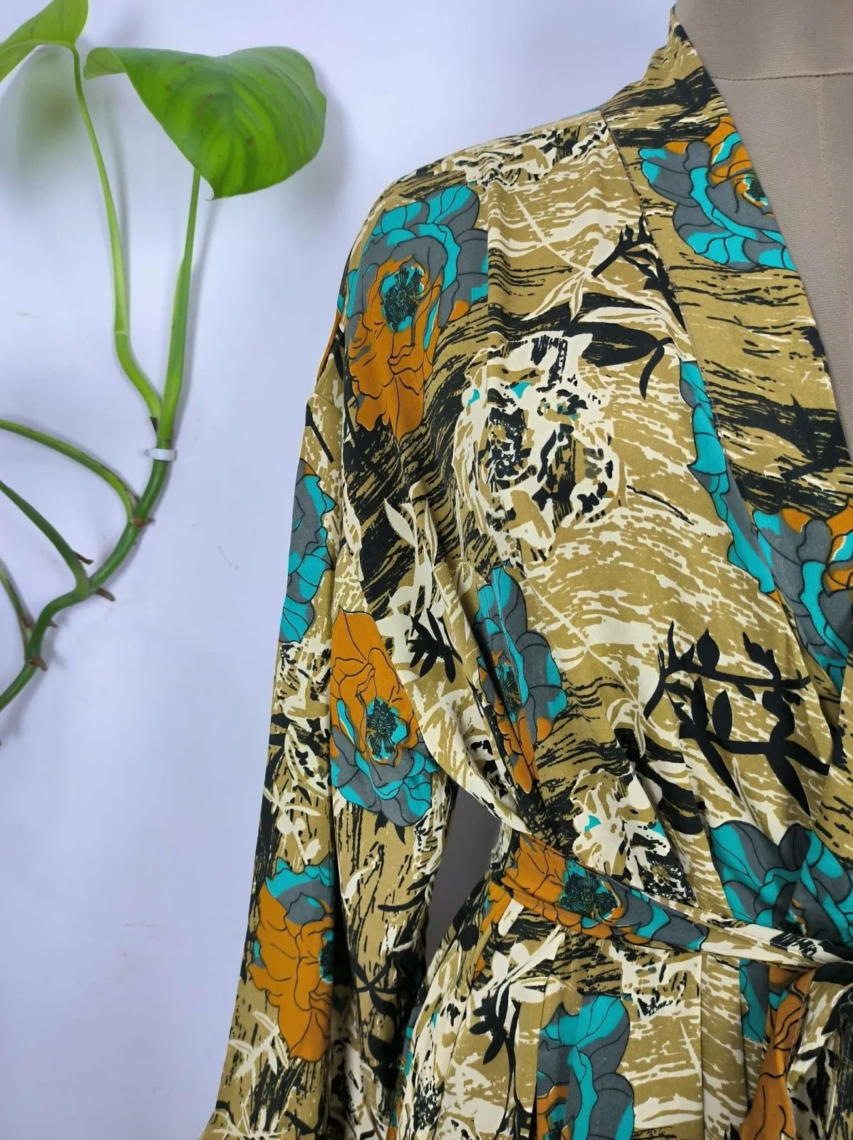 Upcycle Boho Chic Coverup Recycle Silk Sari Kimono Gorgeous Wardrobe Vintage Elegance House Robe | Duster Cardigan Yellow Black Hues Floral