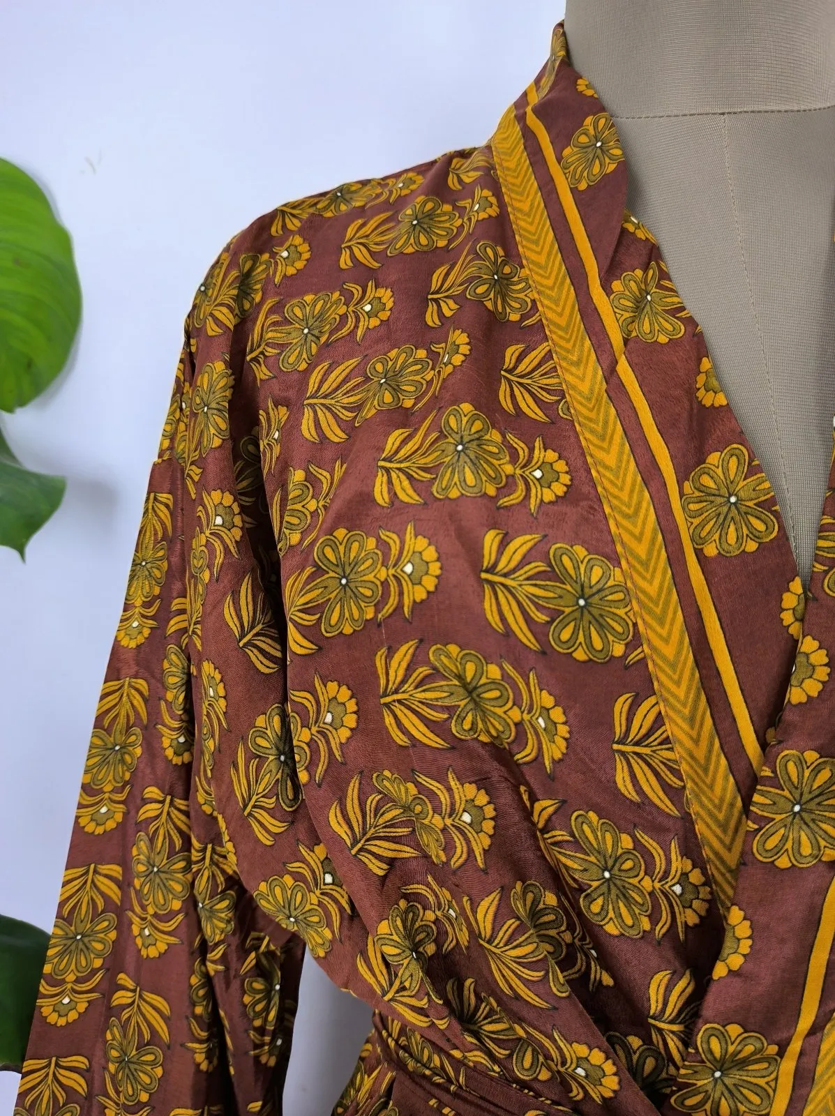 Upcycle Sustainable Boho Chic Coverup Recycle Silk Sari Kimono Gorgeous Wardrobe Vintage Elegance House Robe | Duster Cardigan | Rust Brown Floral