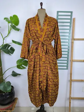 Upcycle Sustainable Boho Chic Coverup Recycle Silk Sari Kimono Gorgeous Wardrobe Vintage Elegance House Robe | Duster Cardigan | Rust Brown Floral