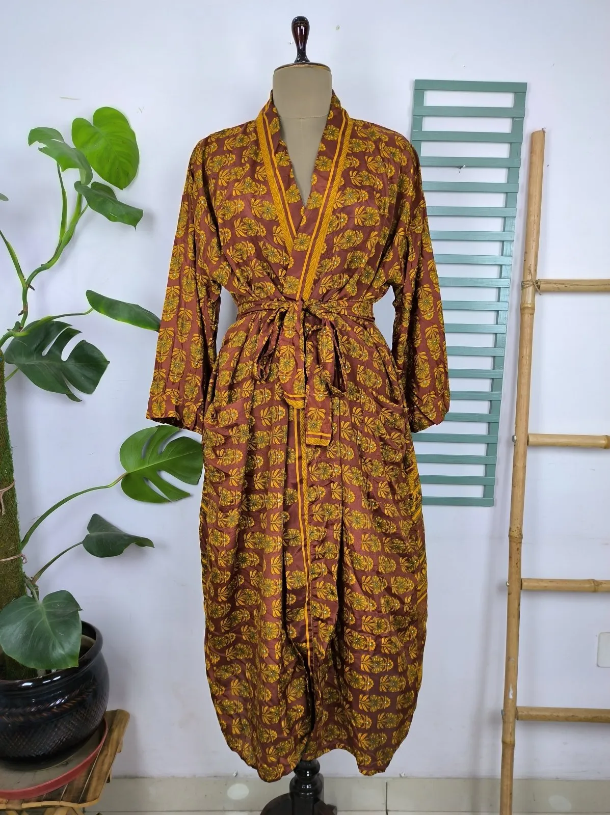 Upcycle Sustainable Boho Chic Coverup Recycle Silk Sari Kimono Gorgeous Wardrobe Vintage Elegance House Robe | Duster Cardigan | Rust Brown Floral