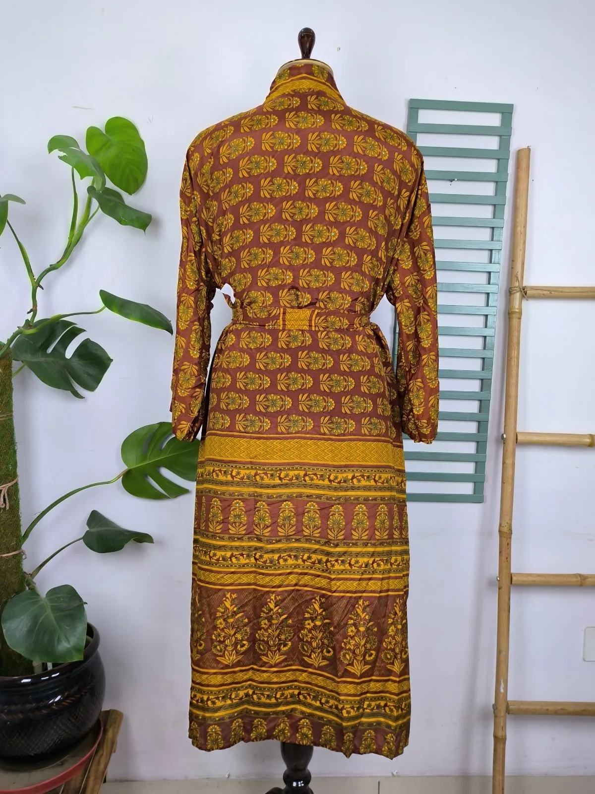 Upcycle Sustainable Boho Chic Coverup Recycle Silk Sari Kimono Gorgeous Wardrobe Vintage Elegance House Robe | Duster Cardigan | Rust Brown Floral