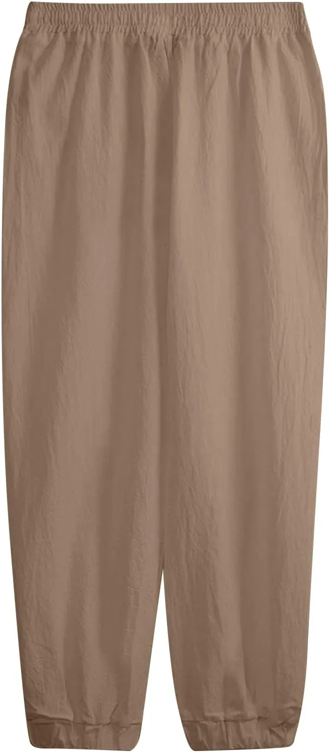 WENKOMG1 Cotton Linen Pants for Men Elastic Waist and Ankle Drawstring Baggy Style Lightweight Breathable Beach Pants