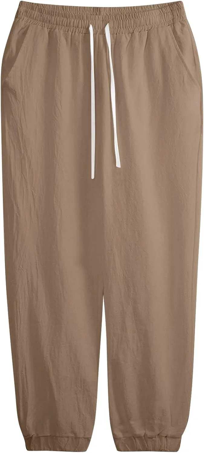 WENKOMG1 Cotton Linen Pants for Men Elastic Waist and Ankle Drawstring Baggy Style Lightweight Breathable Beach Pants