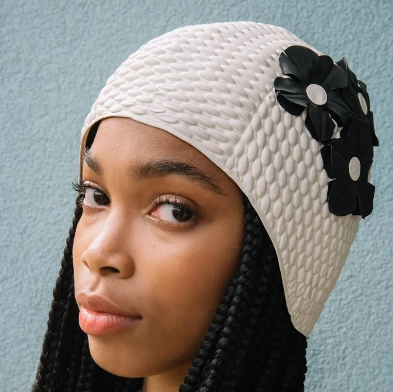 White retro swimming cap with black flowers - KORES