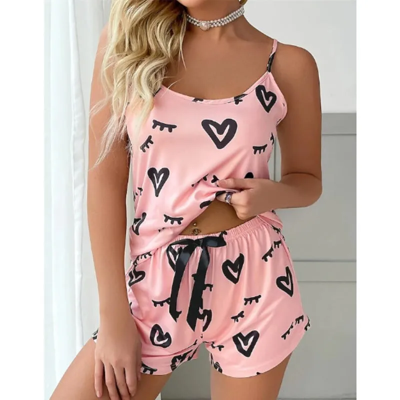 Wholesale Heart Print Suspender Shorts Pajamas