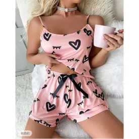 Wholesale Heart Print Suspender Shorts Pajamas