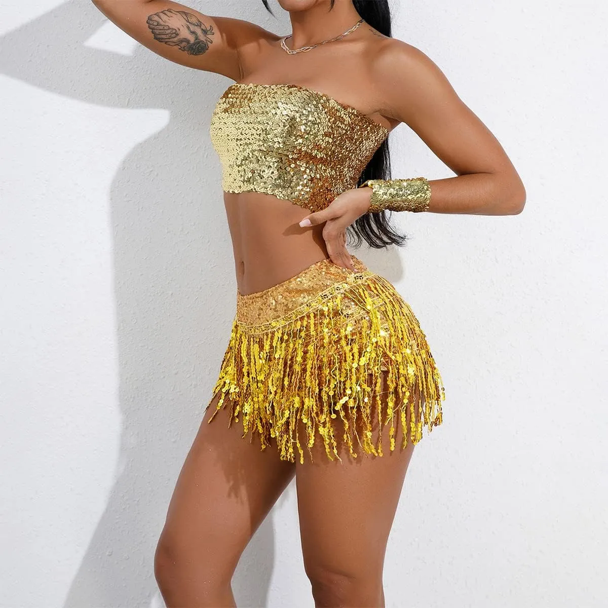 Women Glitter Sequin Tassel Fringe Rave Dance Shorts Dancewear Bottoms Hip Wrap Skirted Shorts Outfits