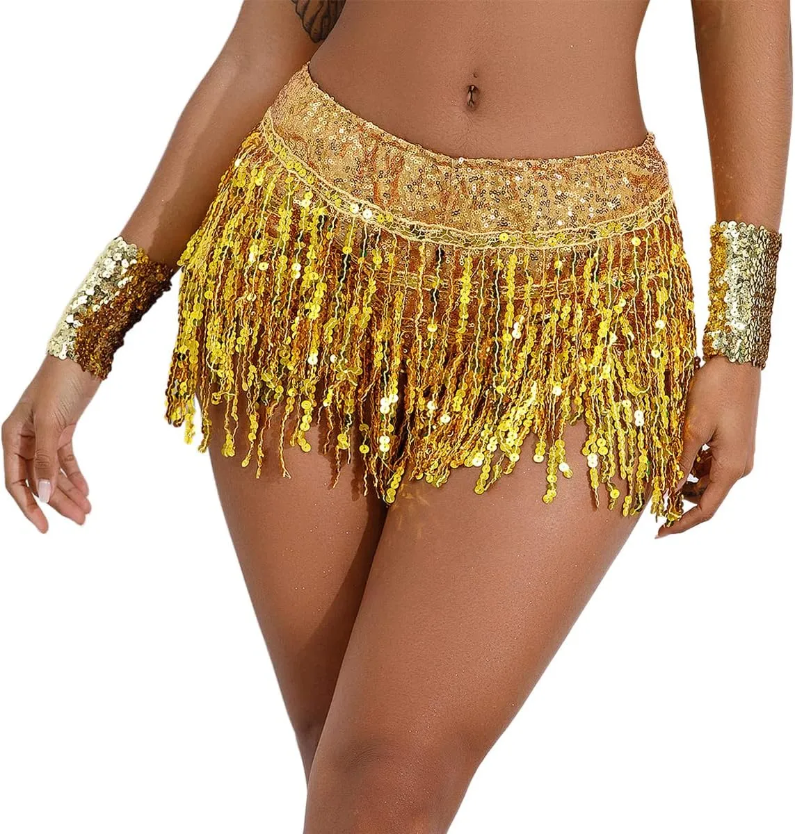Women Glitter Sequin Tassel Fringe Rave Dance Shorts Dancewear Bottoms Hip Wrap Skirted Shorts Outfits
