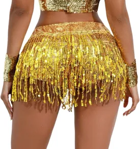 Women Glitter Sequin Tassel Fringe Rave Dance Shorts Dancewear Bottoms Hip Wrap Skirted Shorts Outfits