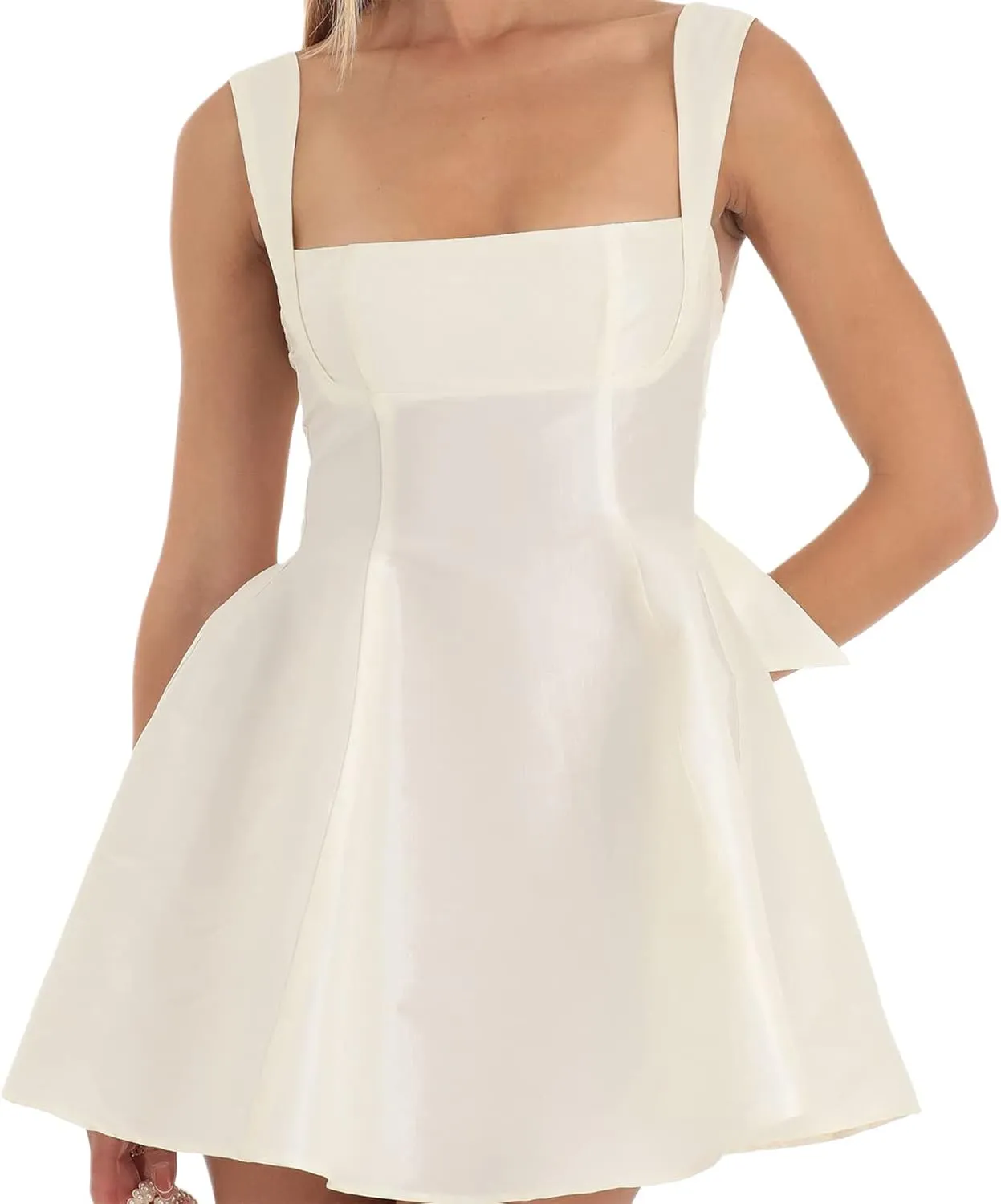 Women Square Neck Sleeveless Mini Dress Backless Bow Knot Tie Back Spaghetti Strap A Line Graduate Dress
