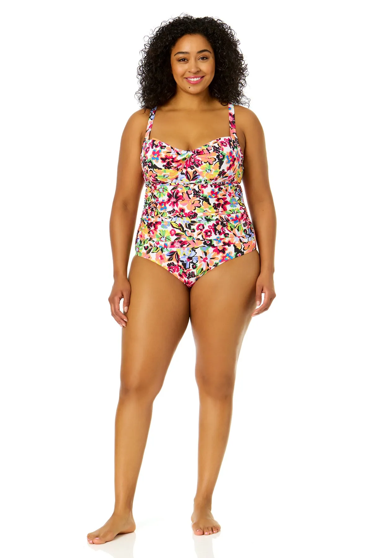 Women's Plus Size Sun Blossom Retro Twist Front Shirred One Piece Swimsuit