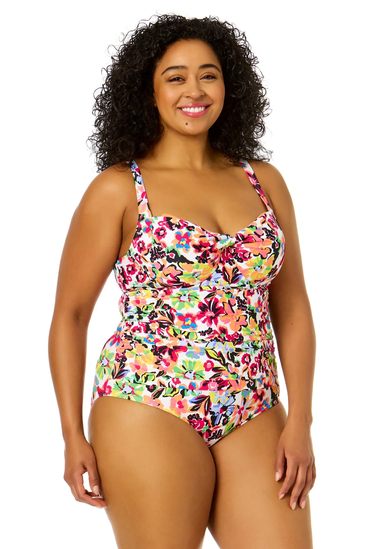 Women's Plus Size Sun Blossom Retro Twist Front Shirred One Piece Swimsuit