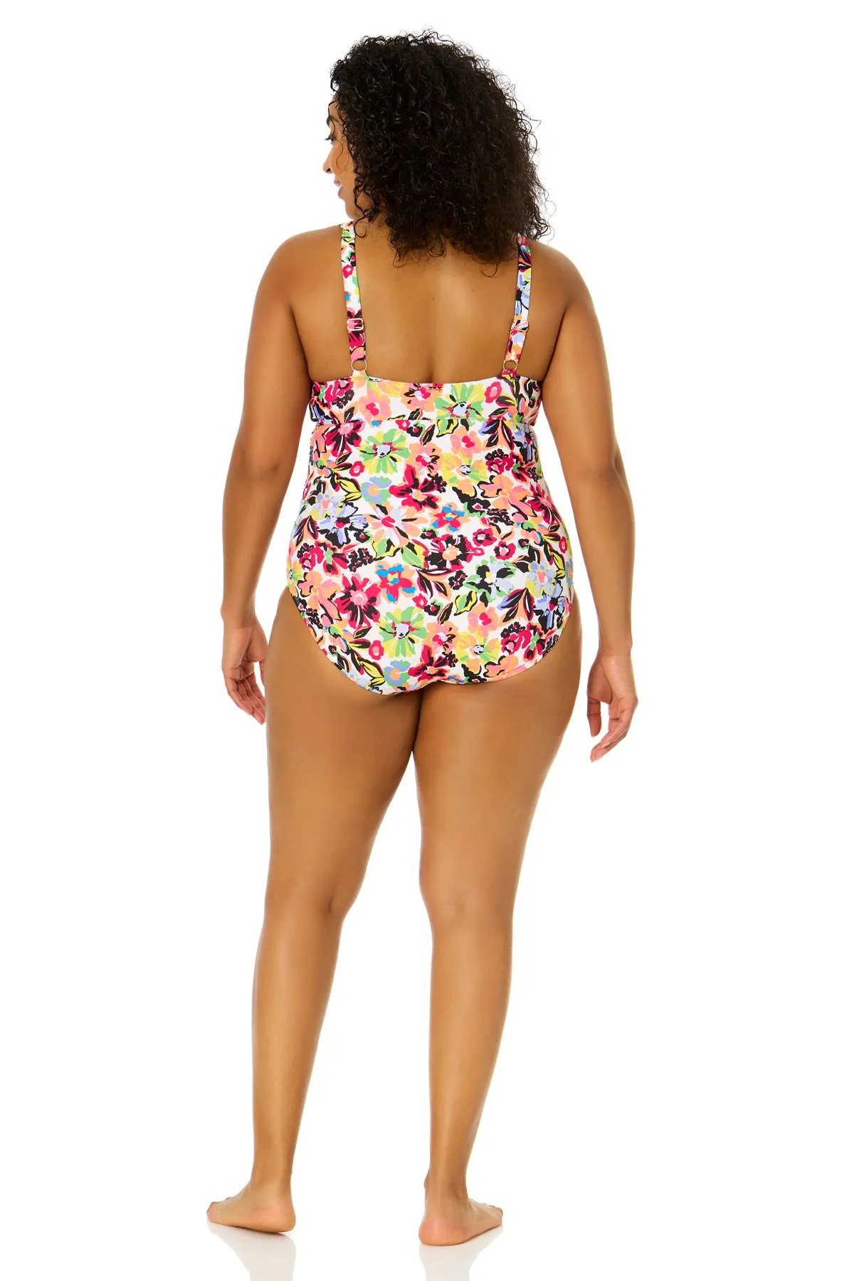 Women's Plus Size Sun Blossom Retro Twist Front Shirred One Piece Swimsuit