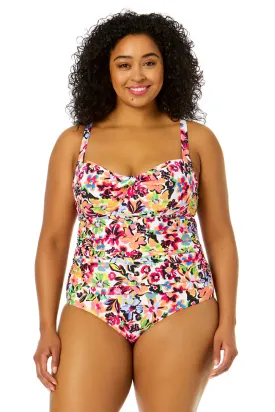 Women's Plus Size Sun Blossom Retro Twist Front Shirred One Piece Swimsuit