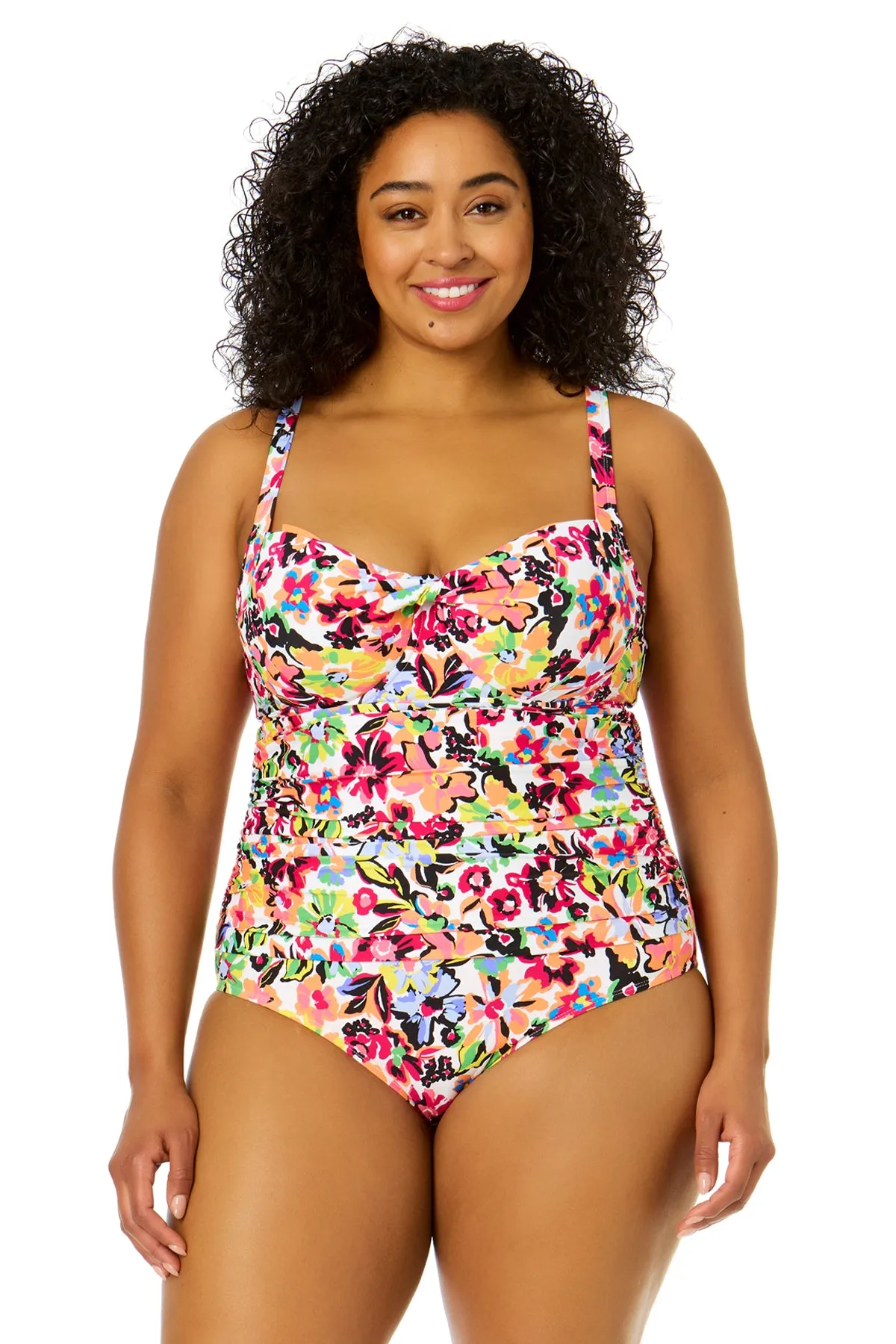 Women's Plus Size Sun Blossom Retro Twist Front Shirred One Piece Swimsuit