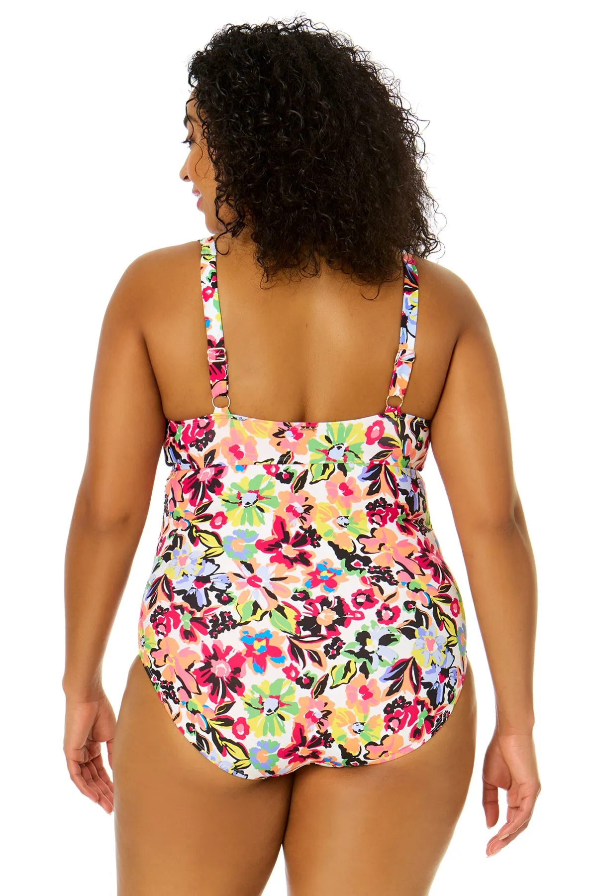 Women's Plus Size Sun Blossom Retro Twist Front Shirred One Piece Swimsuit
