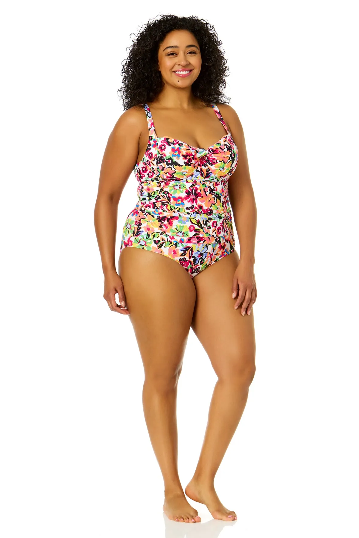 Women's Plus Size Sun Blossom Retro Twist Front Shirred One Piece Swimsuit