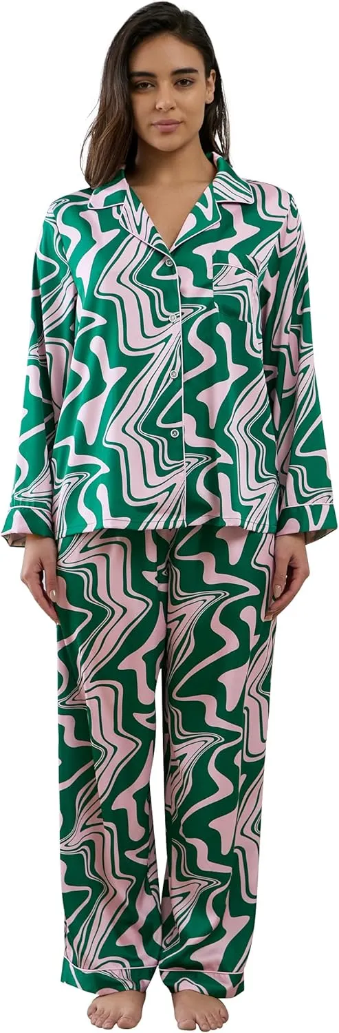Womens Silk Satin Pajamas Set Button Down 2 Piece Pjs Long Sleeve Oversized Sleepwear with Pockets