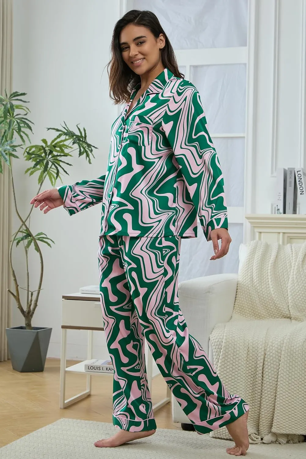 Womens Silk Satin Pajamas Set Button Down 2 Piece Pjs Long Sleeve Oversized Sleepwear with Pockets