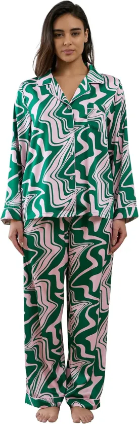 Womens Silk Satin Pajamas Set Button Down 2 Piece Pjs Long Sleeve Oversized Sleepwear with Pockets