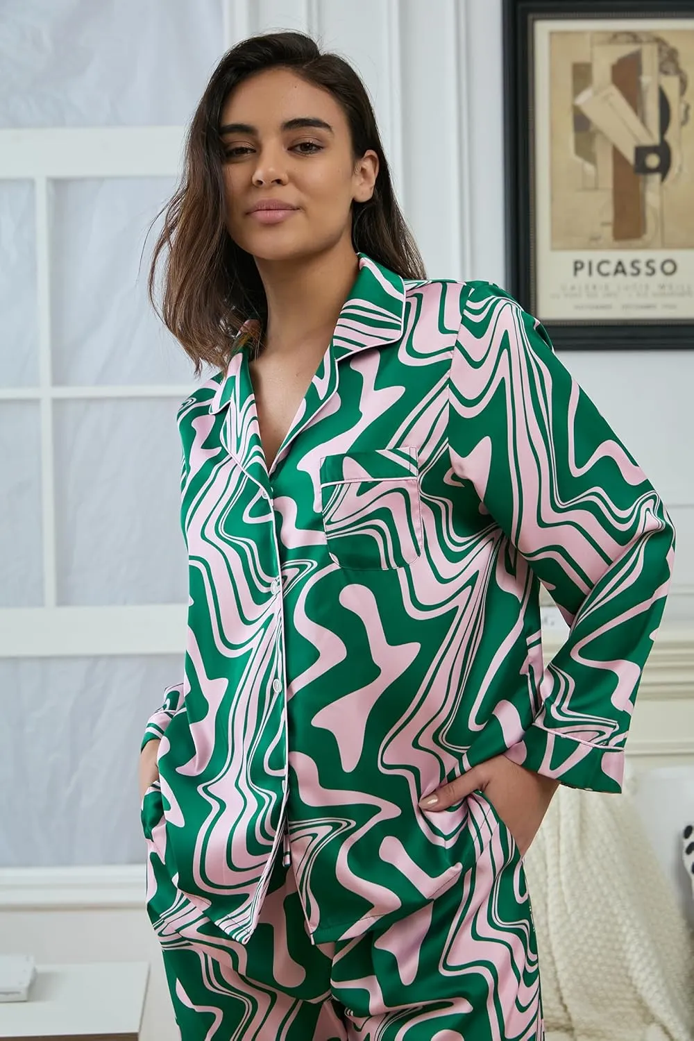 Womens Silk Satin Pajamas Set Button Down 2 Piece Pjs Long Sleeve Oversized Sleepwear with Pockets