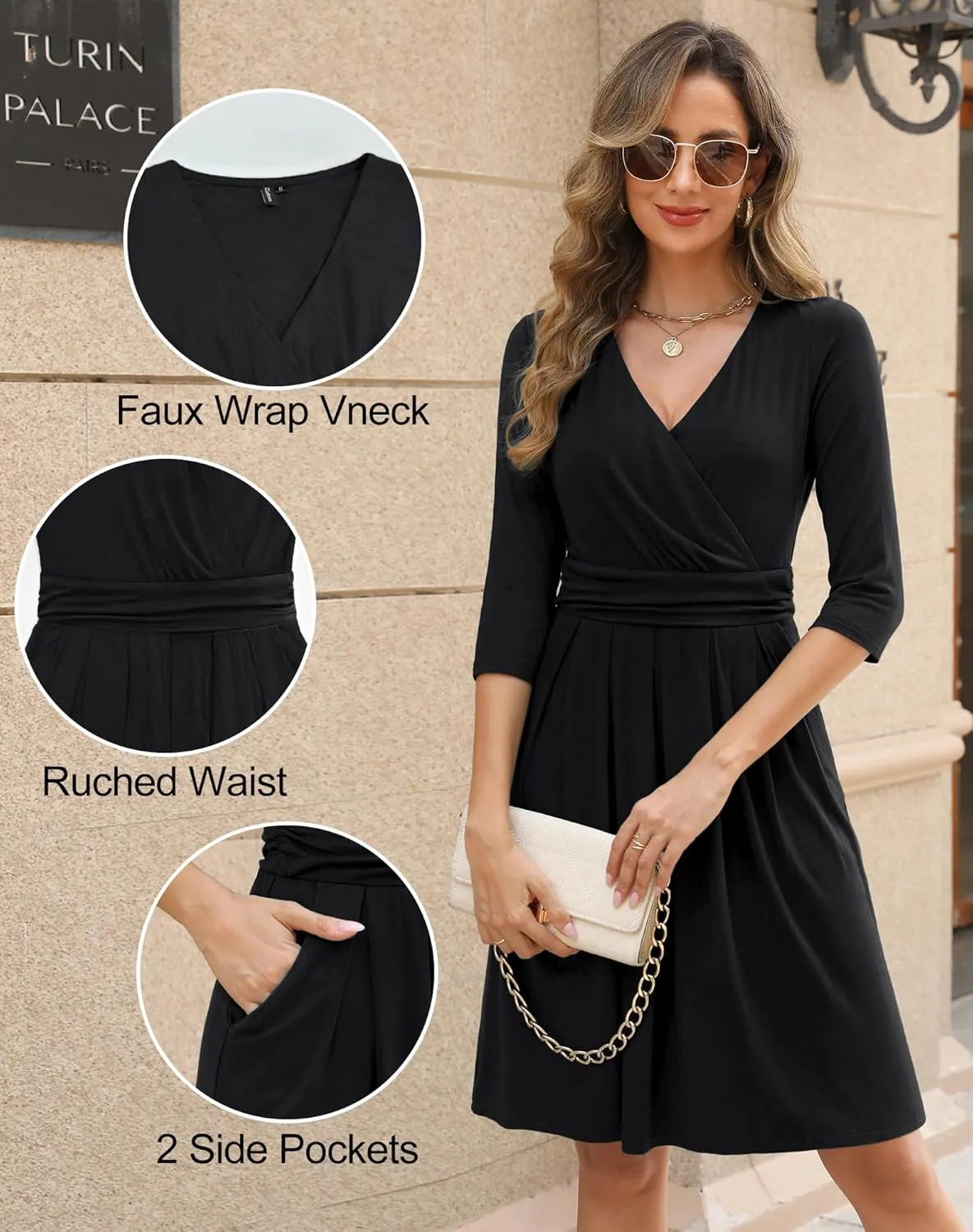 Zattcas Women's 2025 Spring Casual Dresses V Neck 3/4 Sleeve Empire Pleated Fit and Flare Knee Length Dress with Pockets