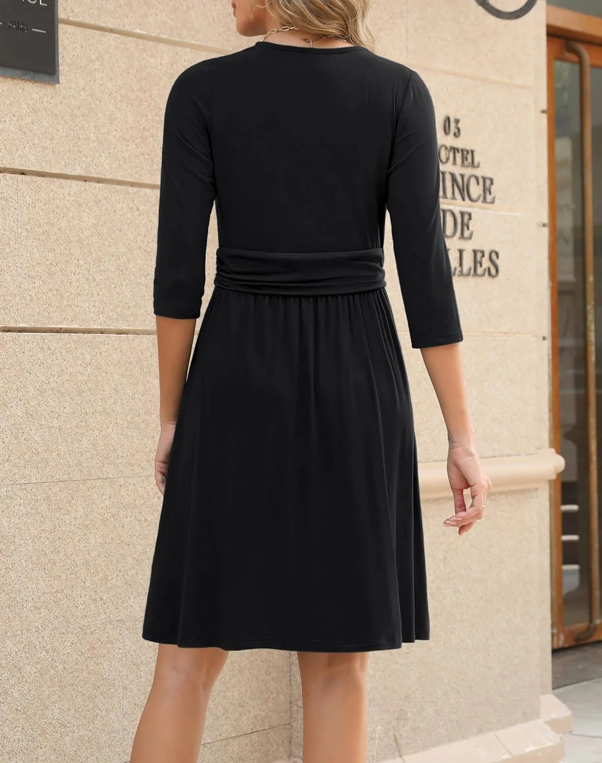Zattcas Women's 2025 Spring Casual Dresses V Neck 3/4 Sleeve Empire Pleated Fit and Flare Knee Length Dress with Pockets