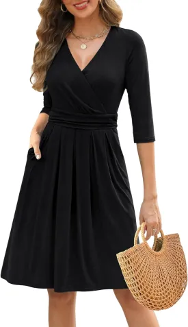 Zattcas Women's 2025 Spring Casual Dresses V Neck 3/4 Sleeve Empire Pleated Fit and Flare Knee Length Dress with Pockets