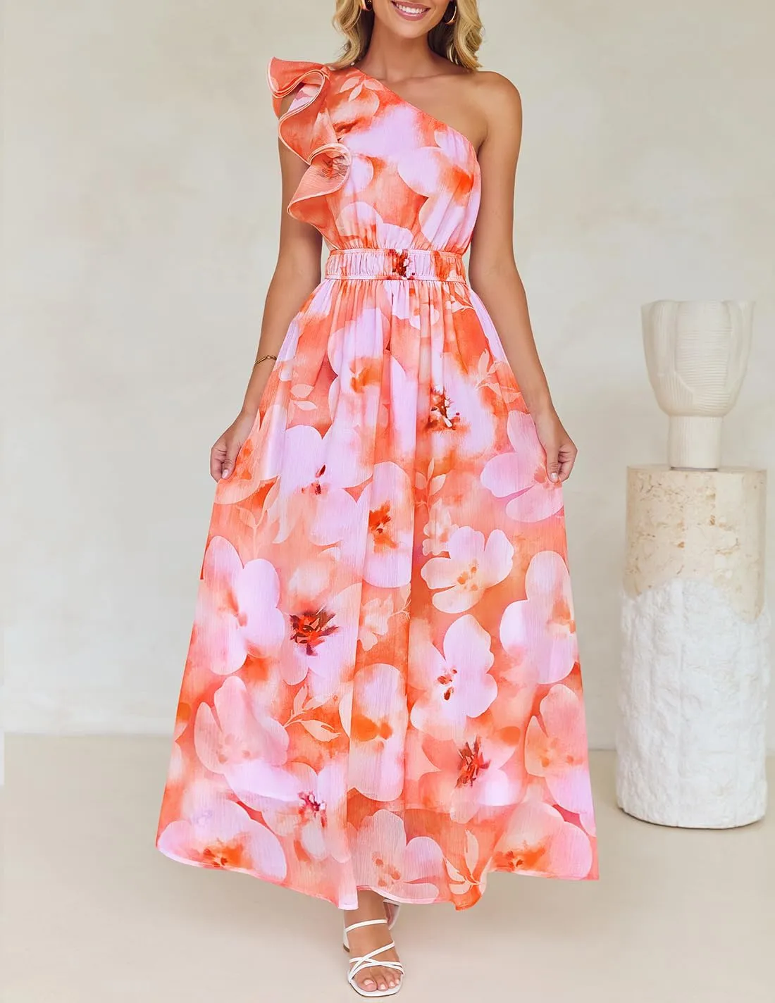 ZESICA Women's 2025 Boho Floral Sleeveless Maxi Dress Ruffle One Shoulder Elatsic High Waist Beach Party Long Dresses