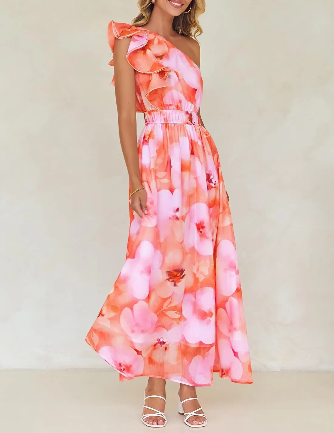 ZESICA Women's 2025 Boho Floral Sleeveless Maxi Dress Ruffle One Shoulder Elatsic High Waist Beach Party Long Dresses