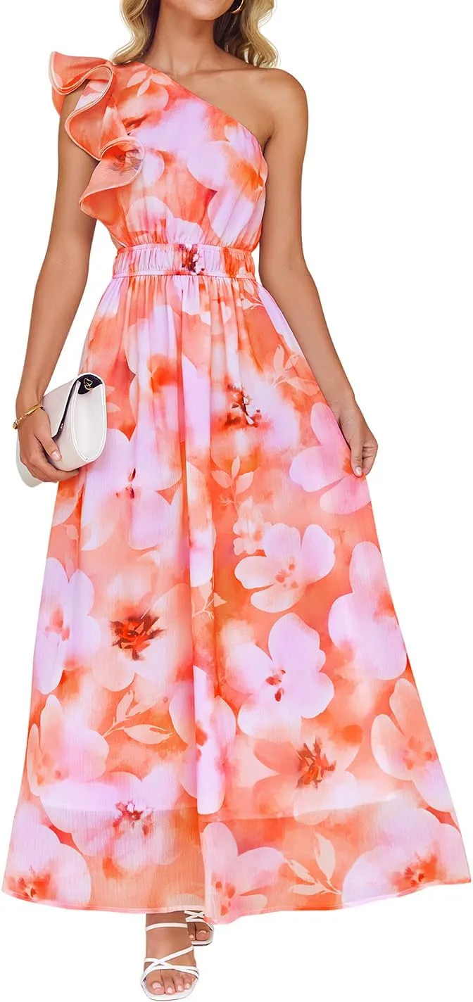 ZESICA Women's 2025 Boho Floral Sleeveless Maxi Dress Ruffle One Shoulder Elatsic High Waist Beach Party Long Dresses