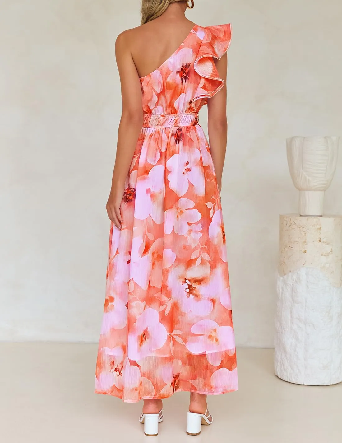 ZESICA Women's 2025 Boho Floral Sleeveless Maxi Dress Ruffle One Shoulder Elatsic High Waist Beach Party Long Dresses