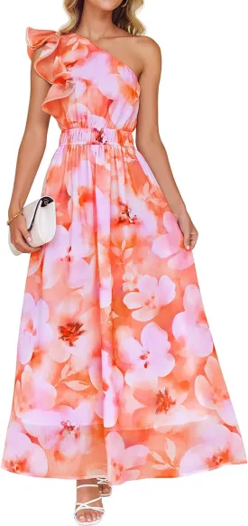 ZESICA Women's 2025 Boho Floral Sleeveless Maxi Dress Ruffle One Shoulder Elatsic High Waist Beach Party Long Dresses