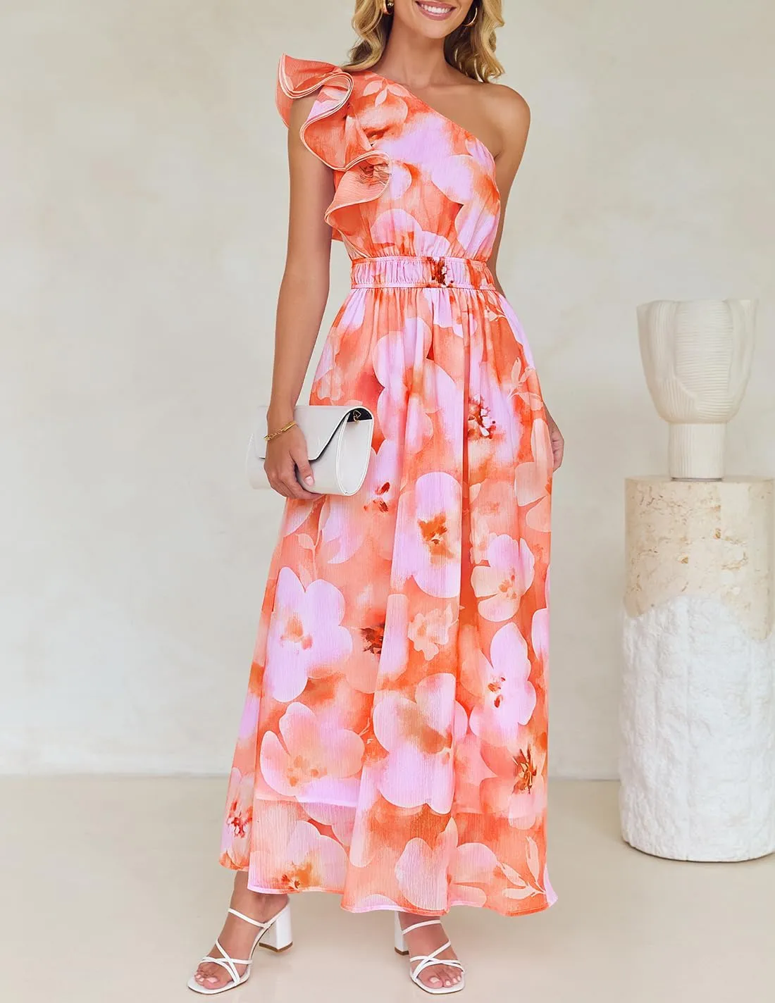 ZESICA Women's 2025 Boho Floral Sleeveless Maxi Dress Ruffle One Shoulder Elatsic High Waist Beach Party Long Dresses